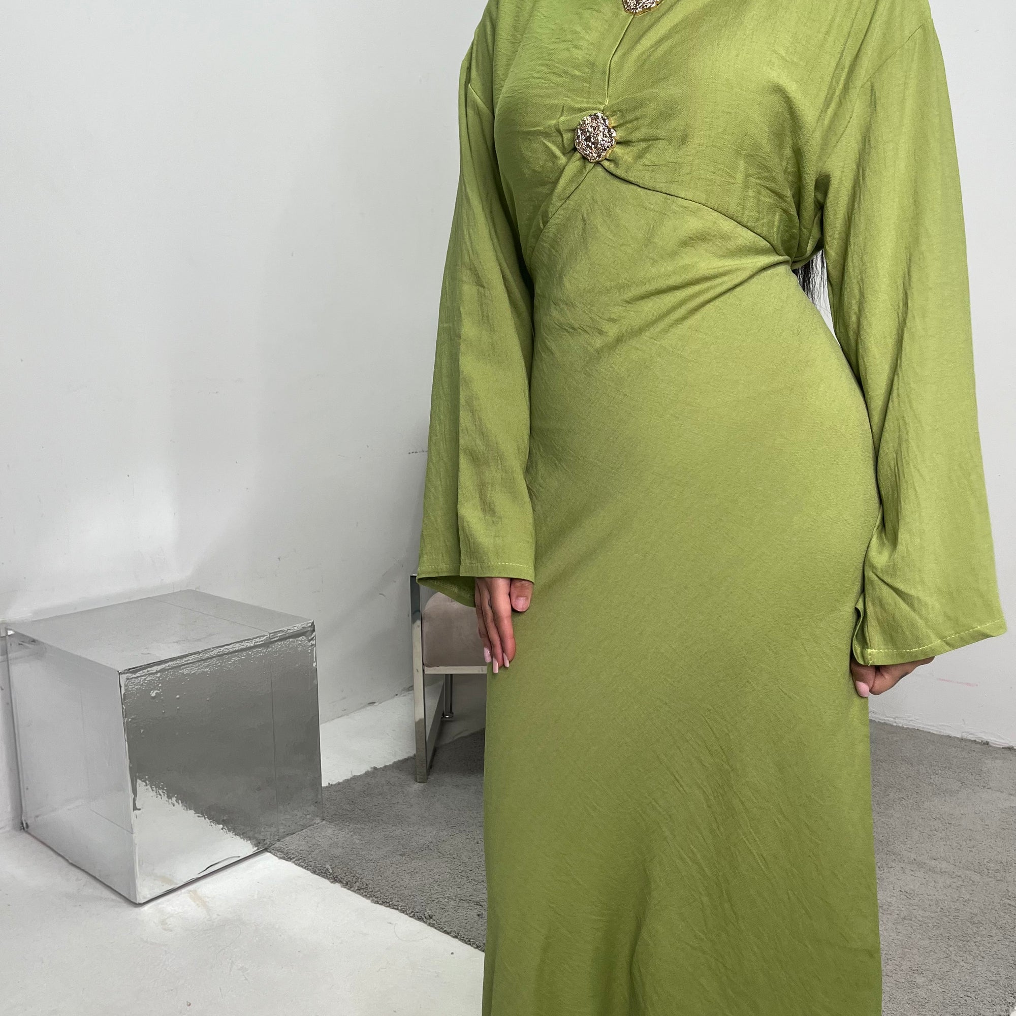 Atia Lime Green Linen Gold Buckle Tie Back Modest Dress