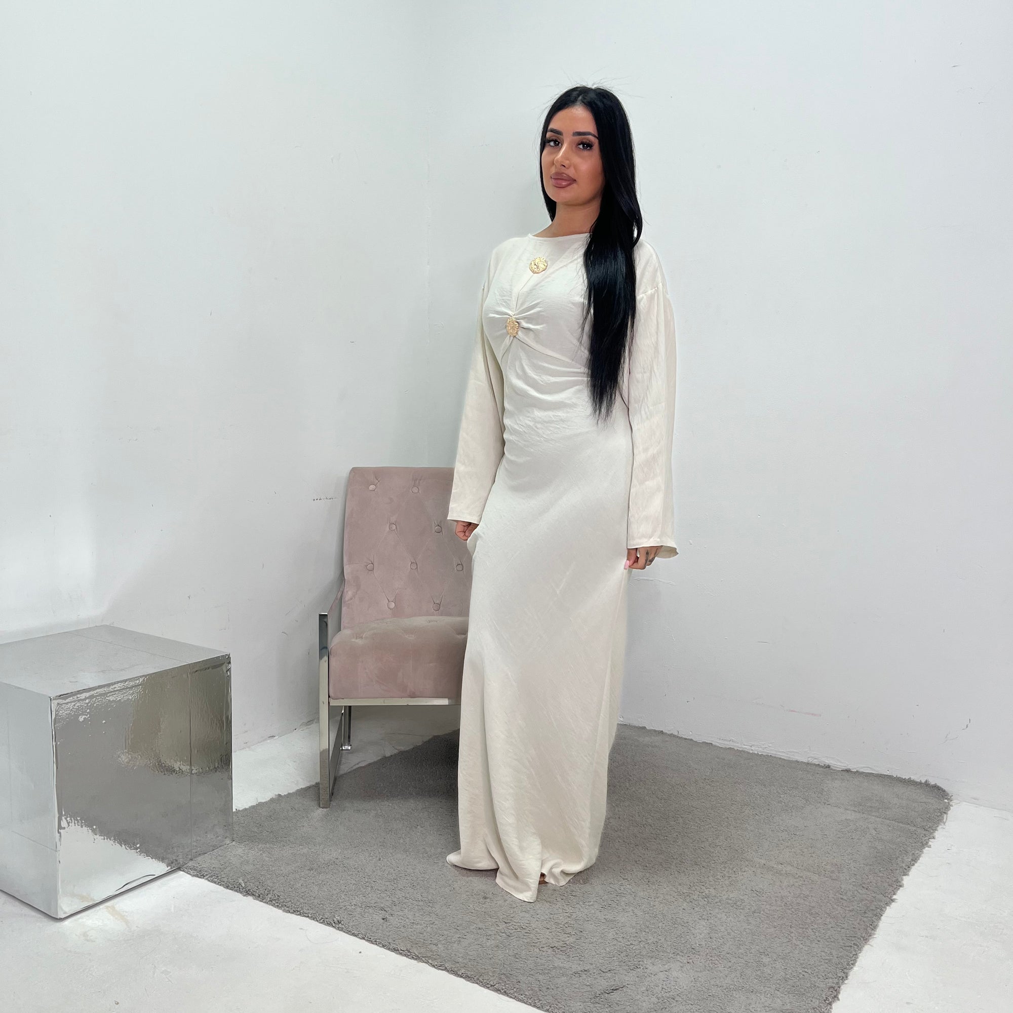 Atia Cream Linen Gold Buckle Tie Back Modest Dress House Of Haniya Atia Cream Linen Gold Buckle Tie Back Modest Dress House Of Haniya