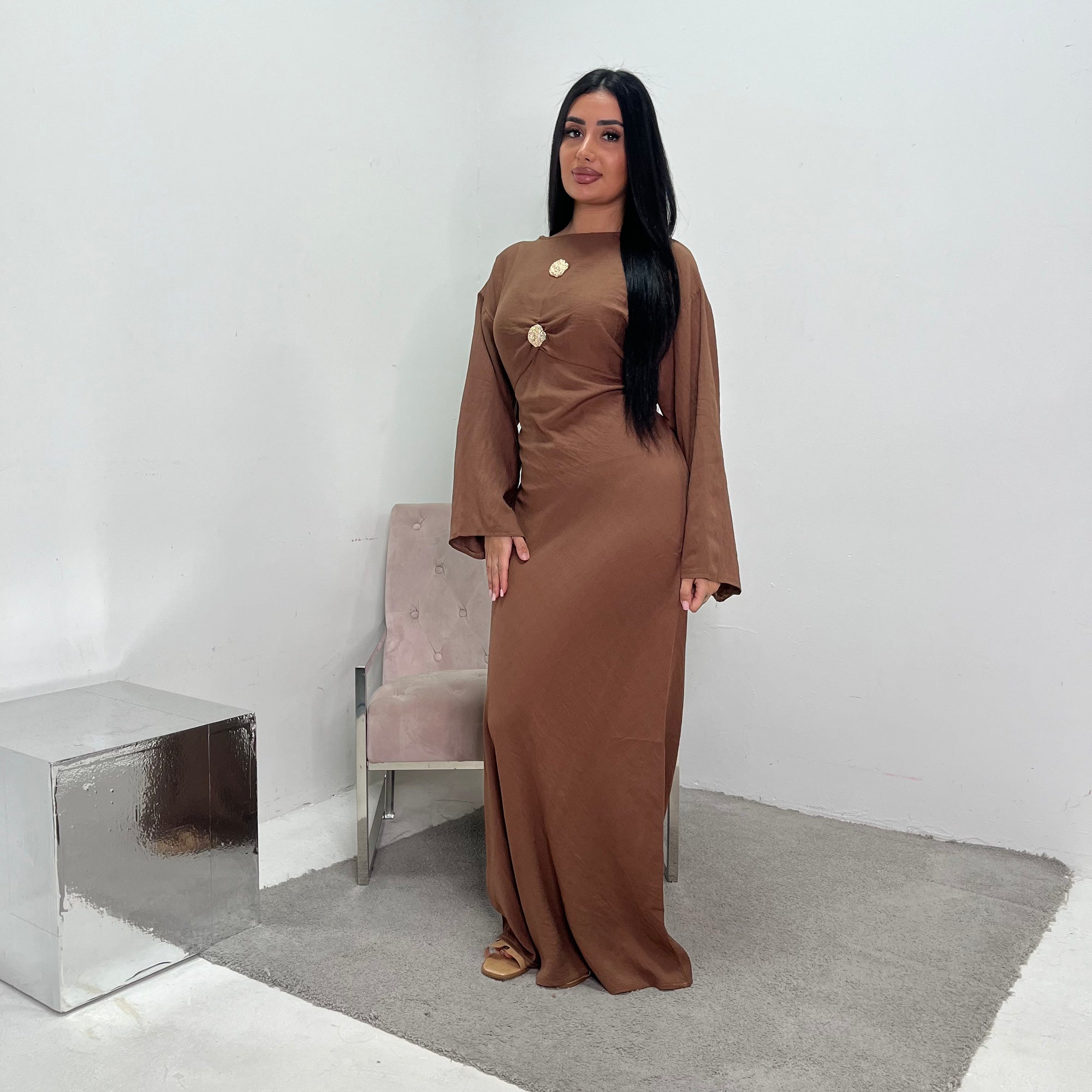 Atia Chocolate Linen Gold Buckle Tie Back Modest Dress