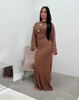 Atia Chocolate Linen Gold Buckle Tie Back Modest Dress