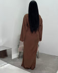 Atia Chocolate Linen Gold Buckle Tie Back Modest Dress