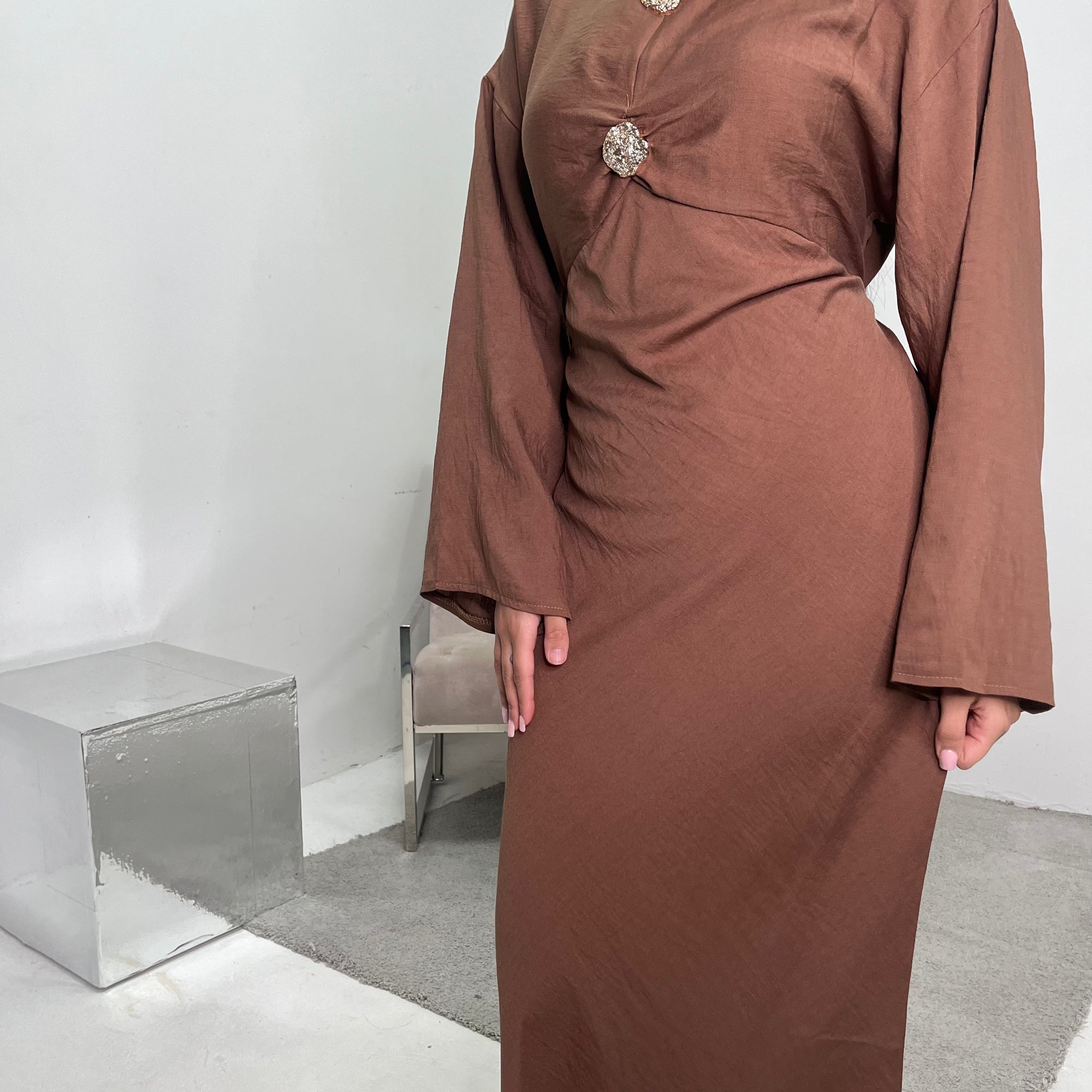 Atia Chocolate Linen Gold Buckle Tie Back Modest Dress