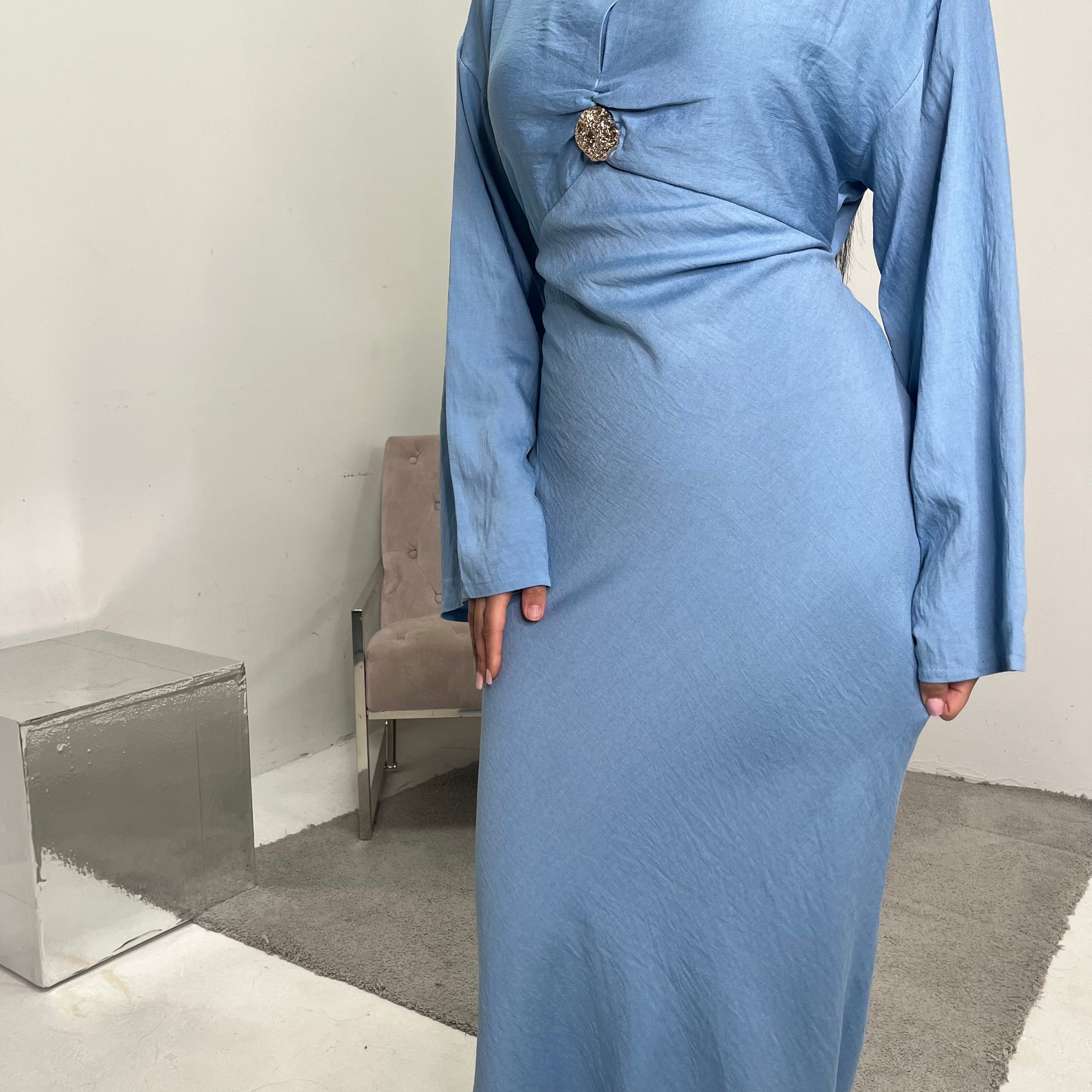 Atia Sky Blue Linen Gold Buckle Tie Back Modest Dress