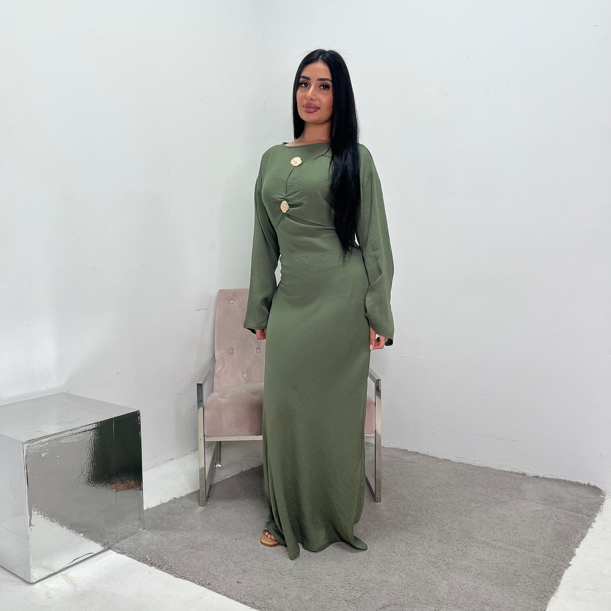 Atia Khaki Linen Gold Buckle Tie Back Modest Dress