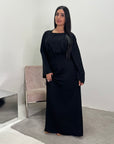 Ayma Black Ladies Modest Summer Linen Tie Back Plain Dress