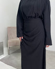 Ayma Black Ladies Modest Summer Linen Tie Back Plain Dress