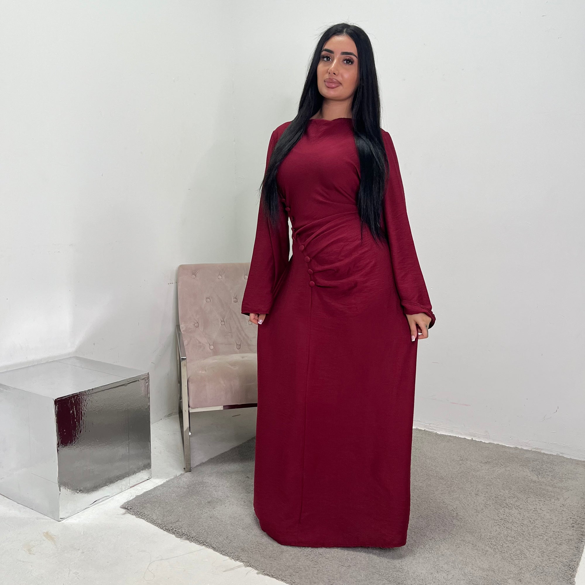 Zaneta Wine Linen Side Button Detail Modest Dress House Of Haniya Zaneta Wine Linen Side Button Detail Modest Dress House Of Haniya