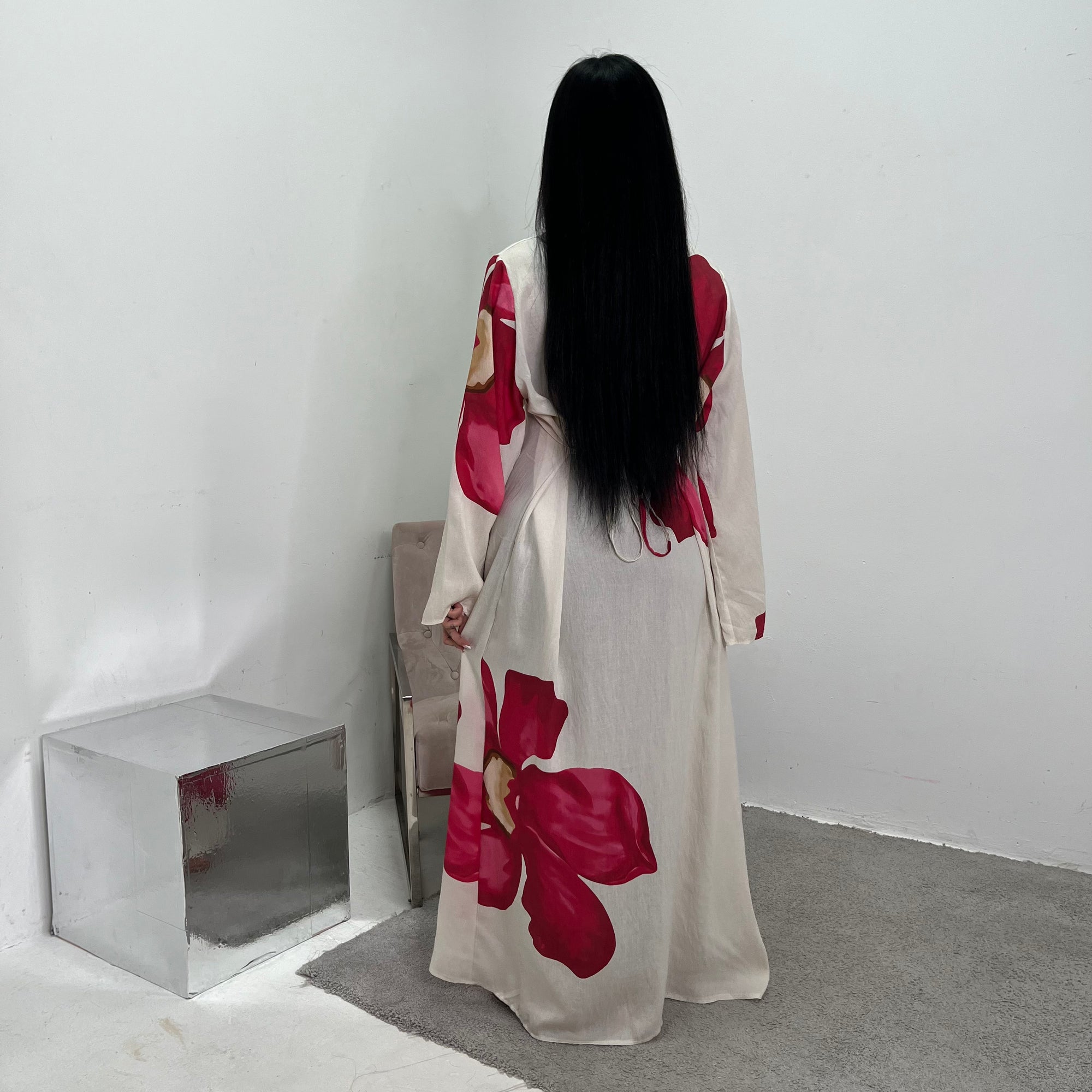 Fitria Red Linen Floral Printed Tie Back Modest Dress