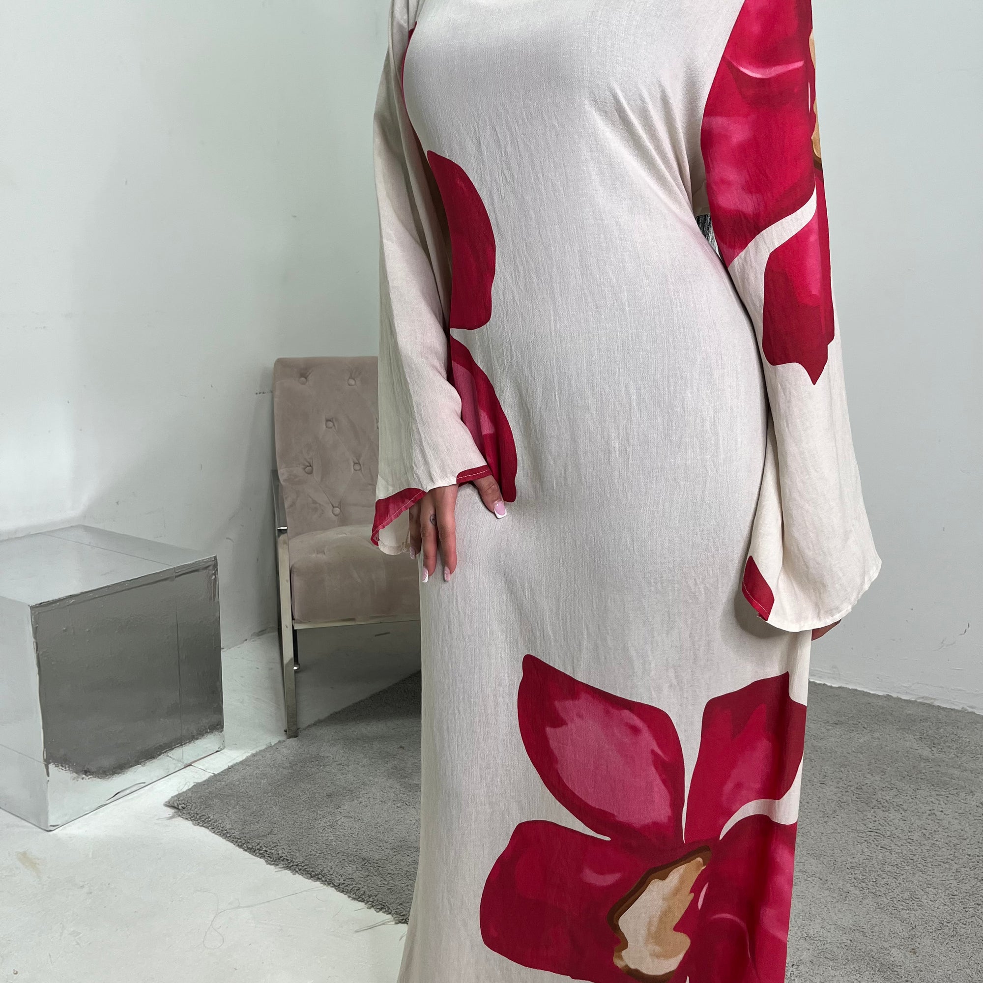 Fitria Red Linen Floral Printed Tie Back Modest Dress