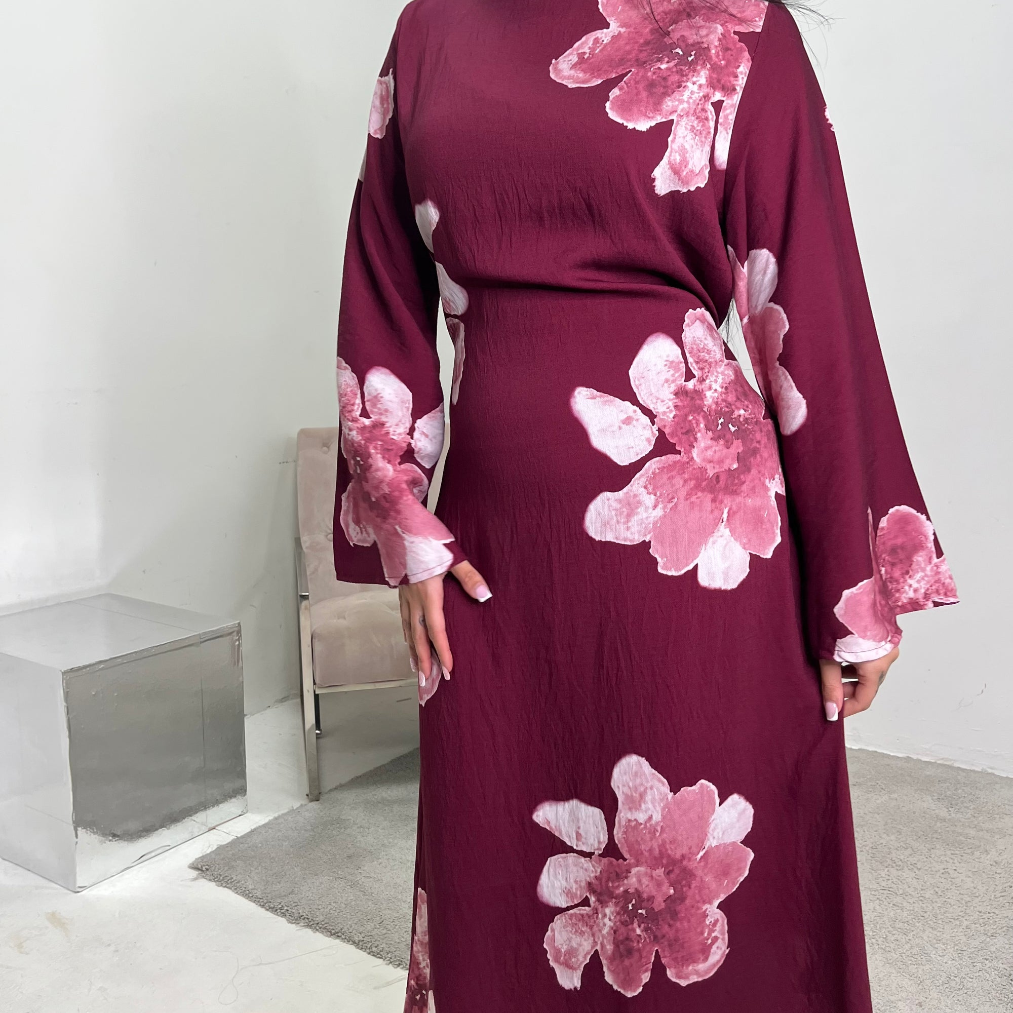 Falon Wine Linen Modest Summer Floral Dress House Of Haniya Falon Wine Linen Modest Summer Floral Dress House Of Haniya