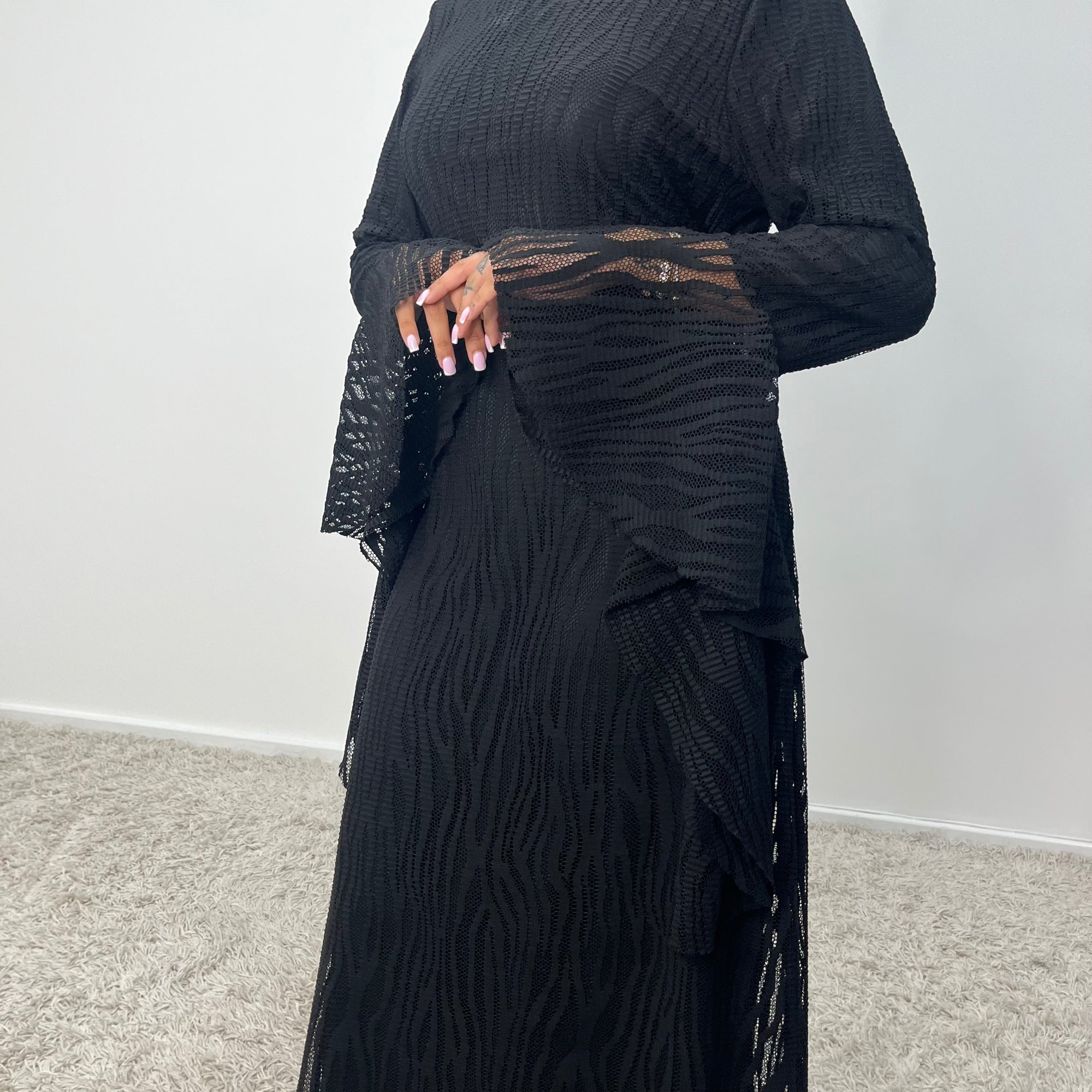 Iris Black Lace detail Modest Flare Sleeve Dress House Of Haniya Iris Black Lace detail Modest Flare Sleeve Dress House Of Haniya