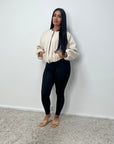 Rira Beige Elasticated Waist & Sleeve Bomber Jacket