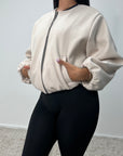 Rira Beige Elasticated Waist & Sleeve Bomber Jacket