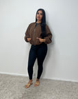 Rira Brown Elasticated Waist & Sleeve Bomber Jacket