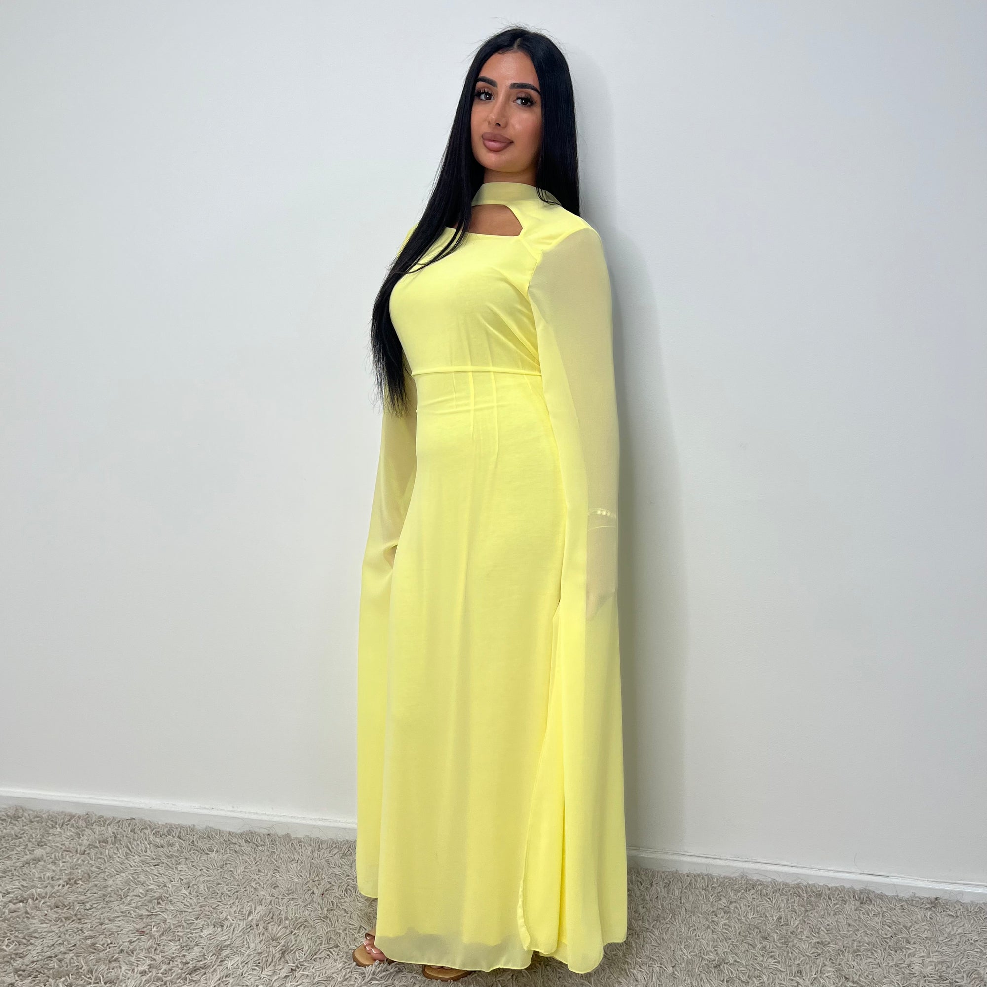Masah Yellow Cape Sleeve Modest Dress – House Of Haniya
