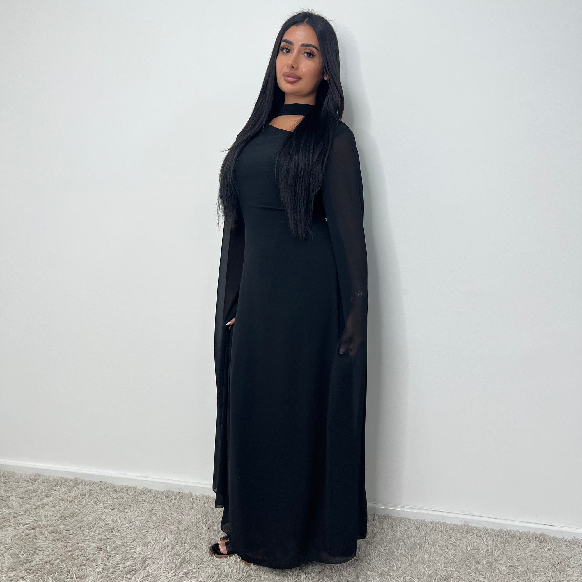 Masah Black Cape Sleeve Modest Dress