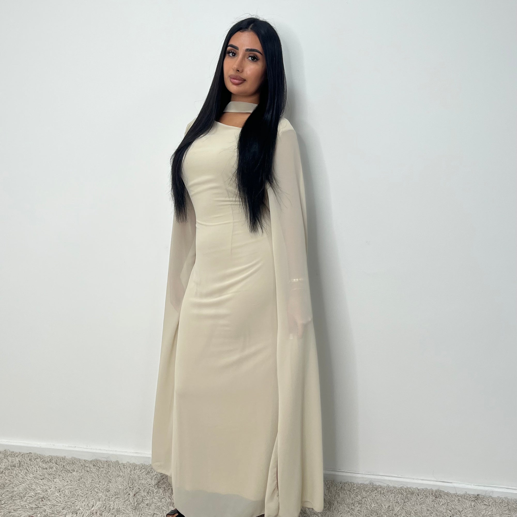 Masah Beige Cape Sleeve Modest Dress