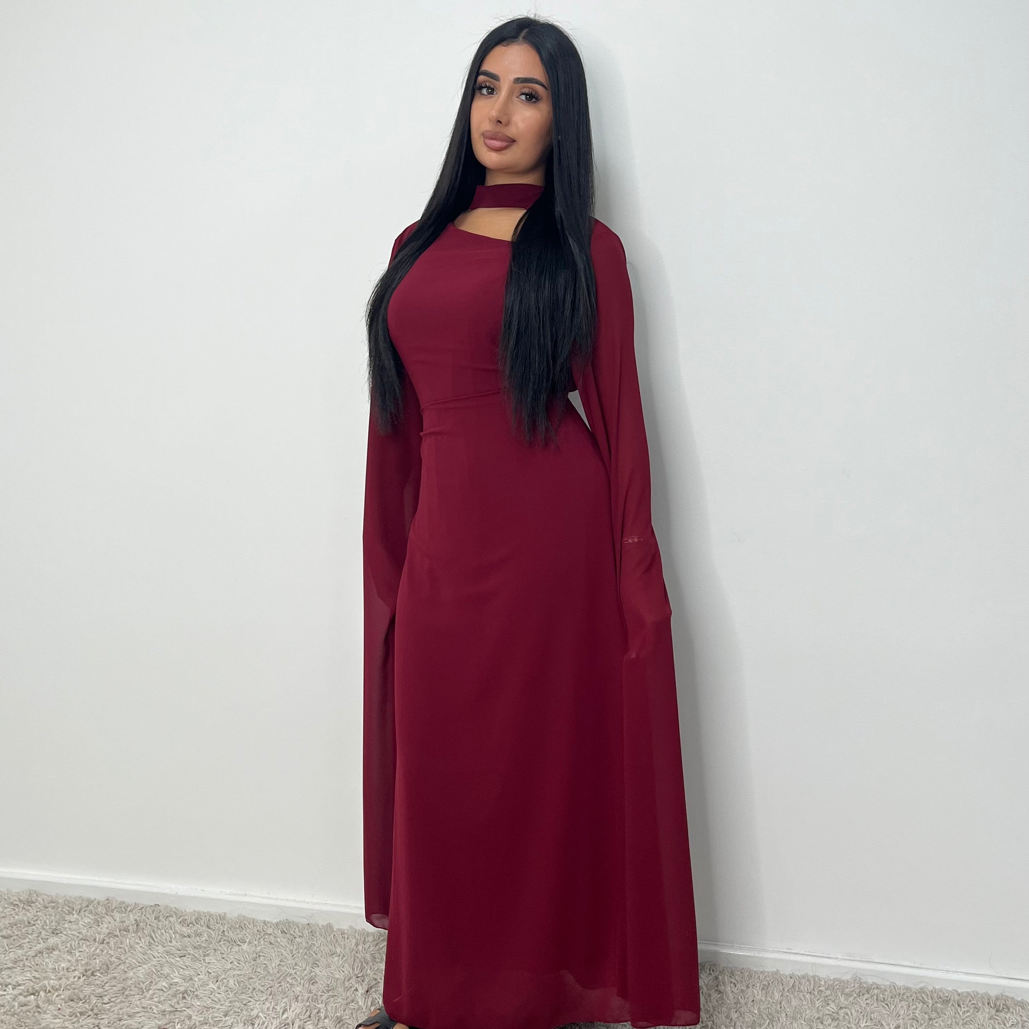 Masah Wine Cape Sleeve Modest Dress
