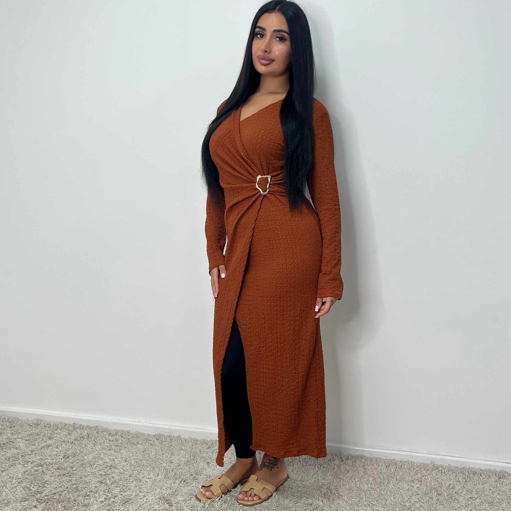 Fida Rust V Neck Gold Buckle Wrap Dress House Of Haniya Fida Rust V Neck Gold Buckle Wrap Dress House Of Haniya
