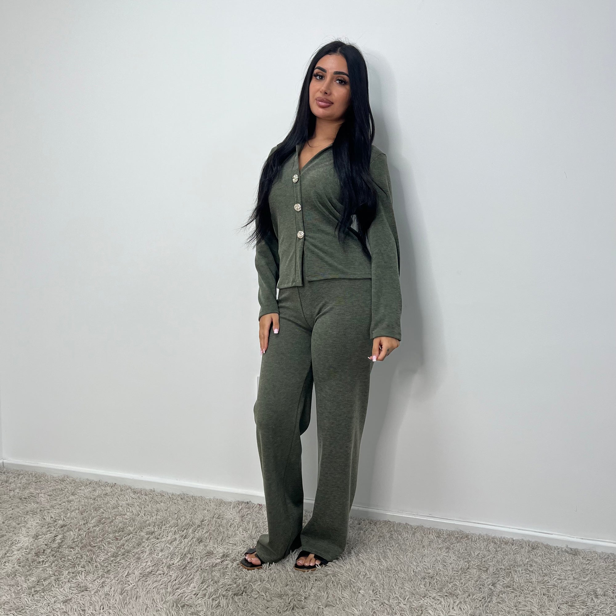 Enve Khaki V Neck Gold Button Trouser Co Ord Set