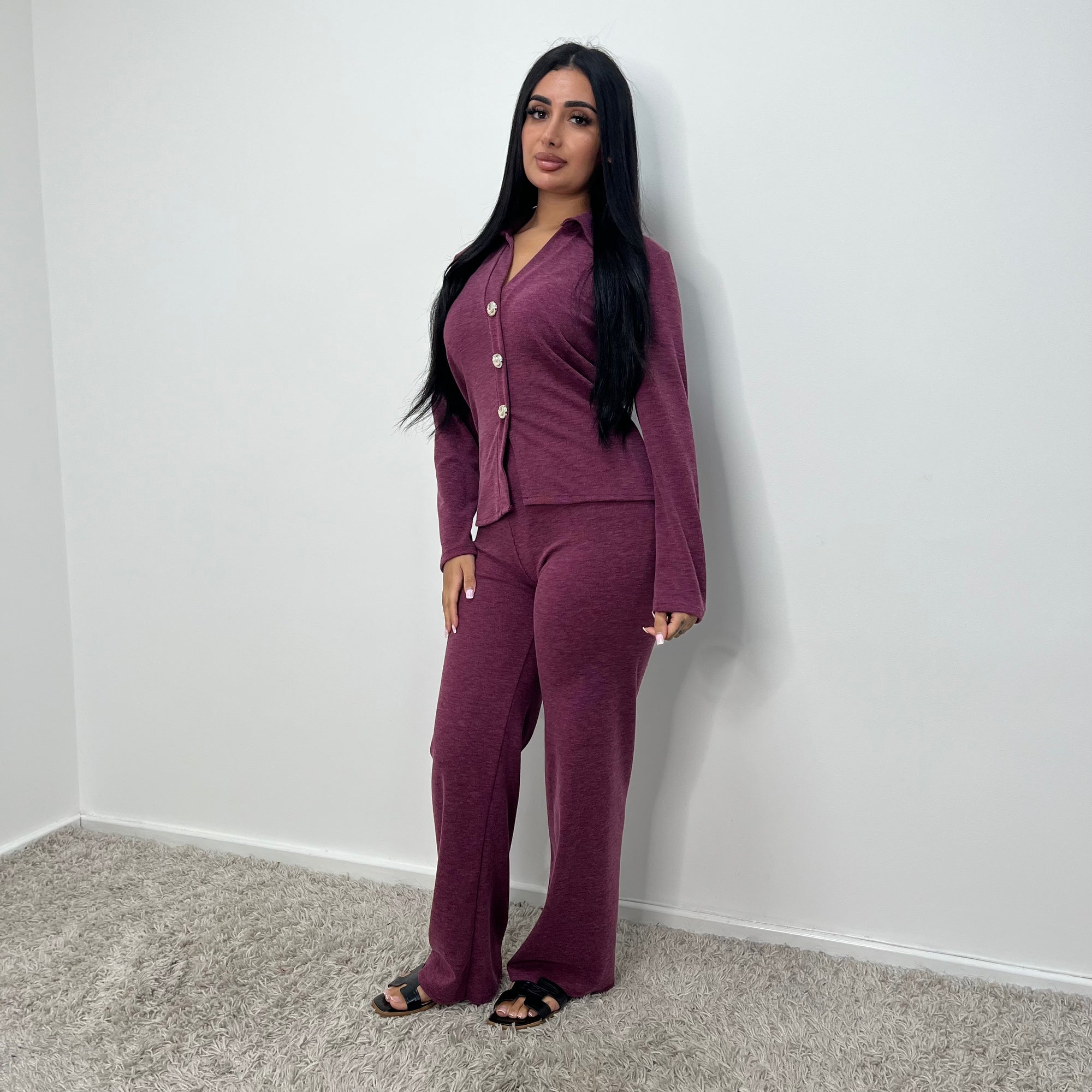 Enve Wine V Neck Gold Button Trouser Co Ord Set