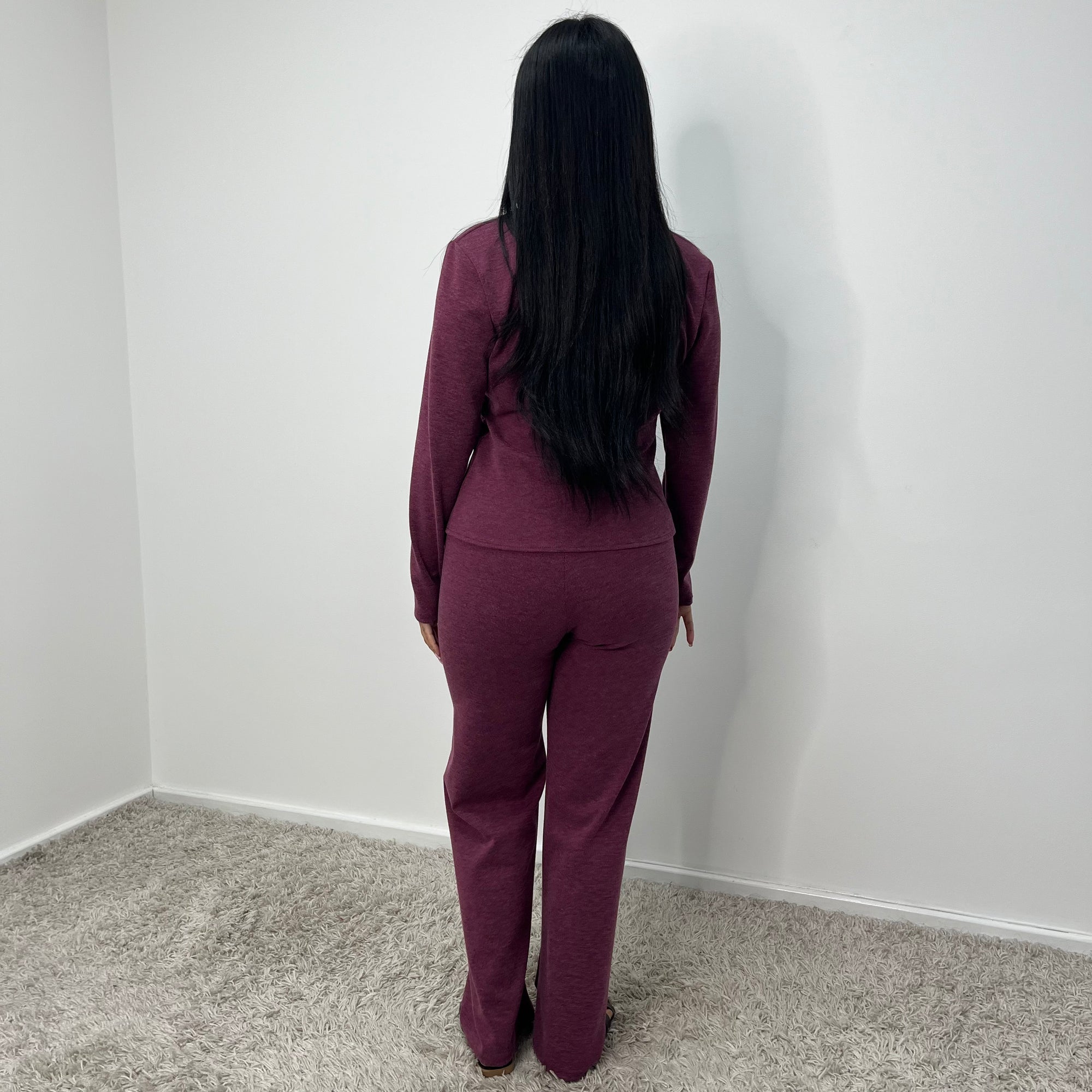 Enve Wine V Neck Gold Button Trouser Co Ord Set