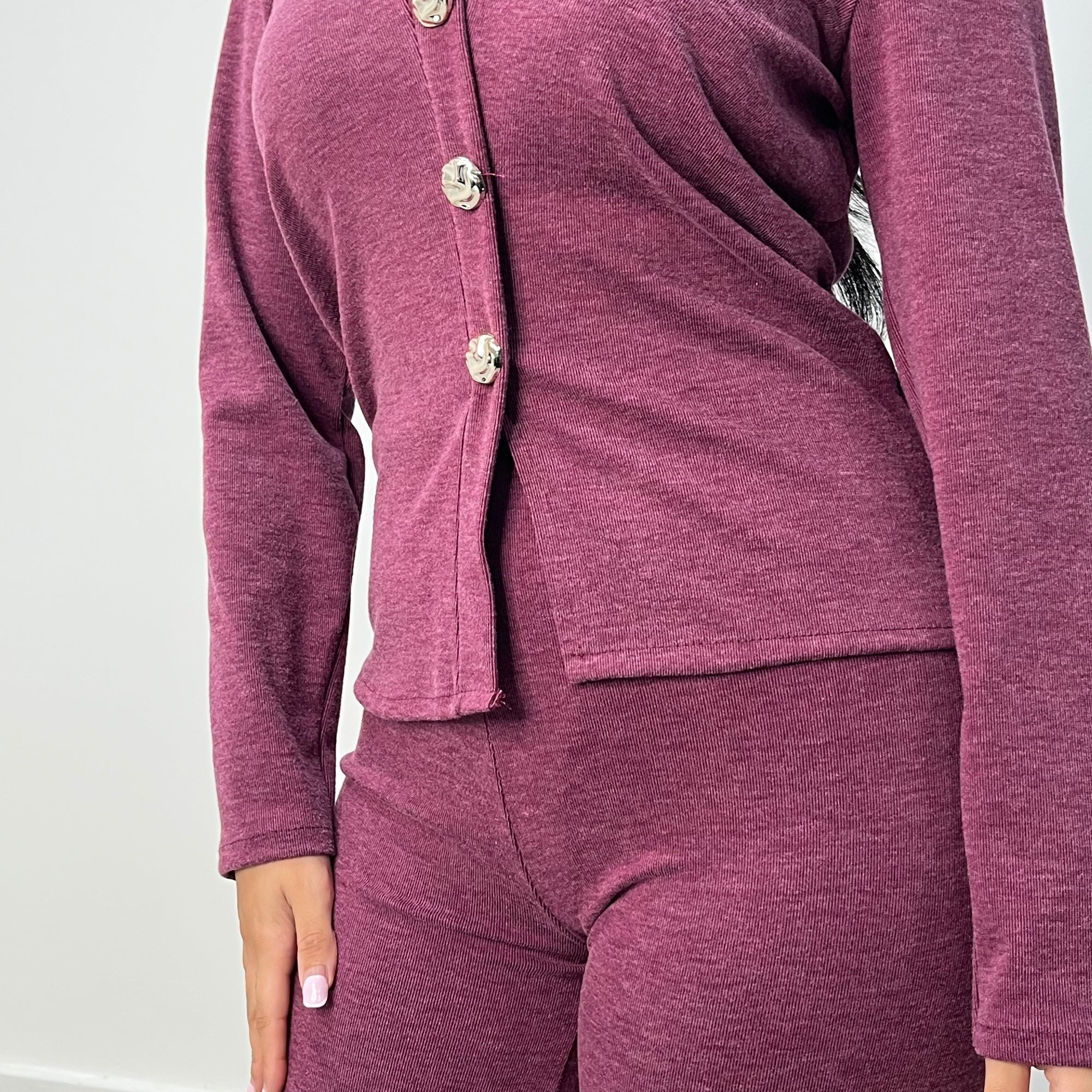 Enve Wine V Neck Gold Button Trouser Co Ord Set