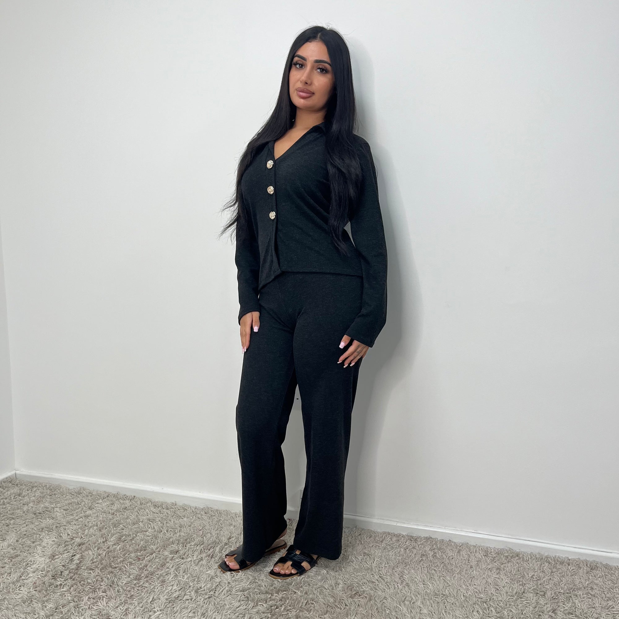 Enve Charcoal V Neck Gold Button Trouser Co Ord Set
