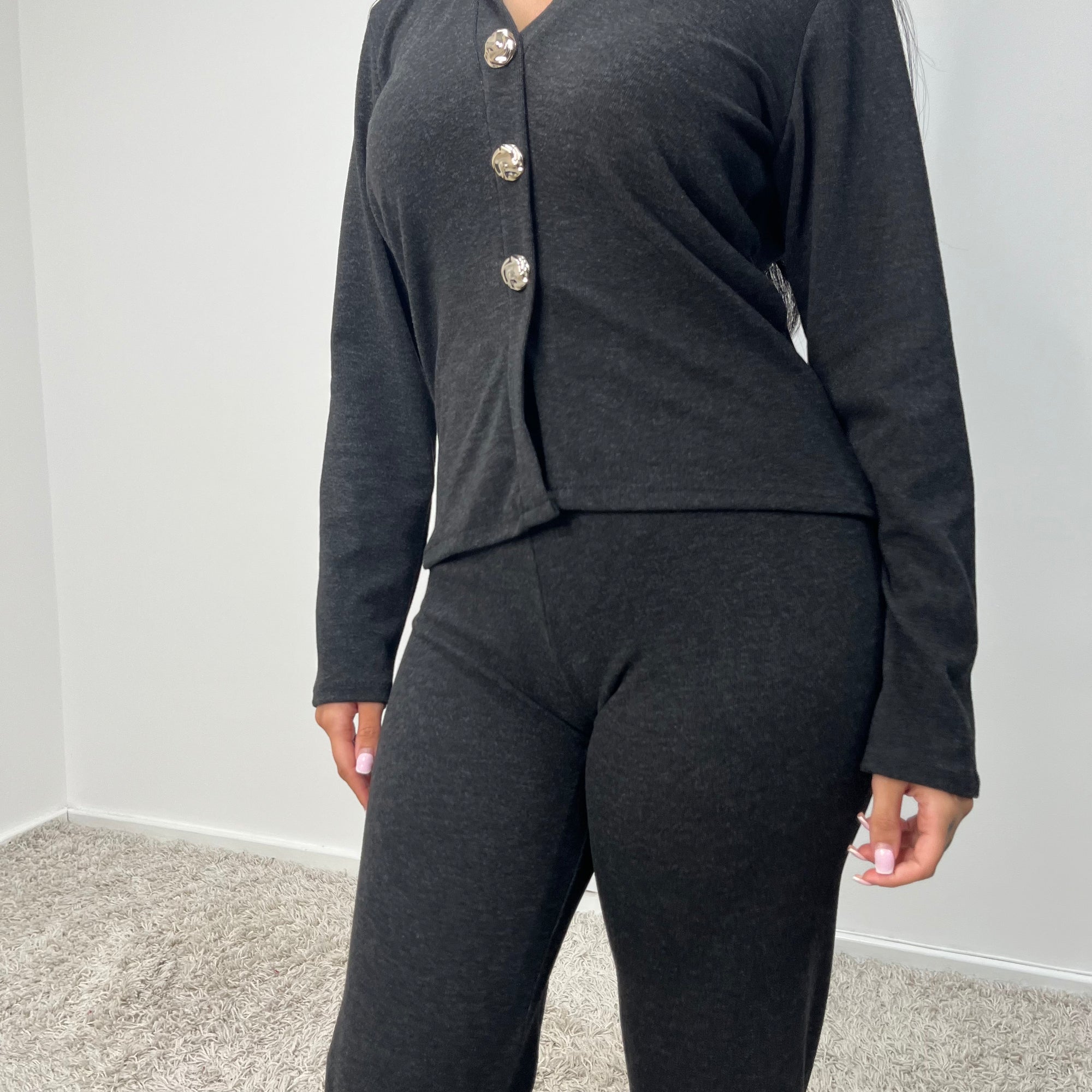 Enve Charcoal V Neck Gold Button Trouser Co Ord Set