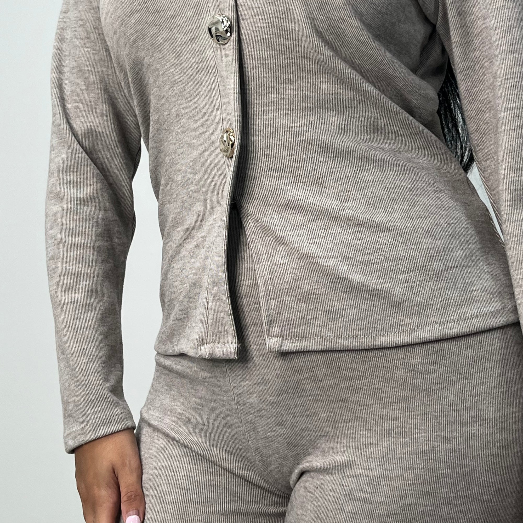Enve Mocha V Neck Gold Button Trouser Co Ord Set