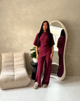 Azli Wine Soft Asymmetrical Side Ruched Top Trouser Co Ord Set