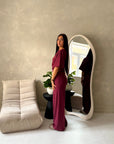 Azli Wine Soft Asymmetrical Side Ruched Top Trouser Co Ord Set