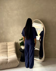 Azli Navy Soft Asymmetrical Side Ruched Top Trouser Co Ord Set