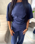 Azli Navy Soft Asymmetrical Side Ruched Top Trouser Co Ord Set