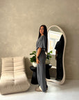 Azli Grey Soft Asymmetrical Side Ruched Top Trouser Co Ord Set