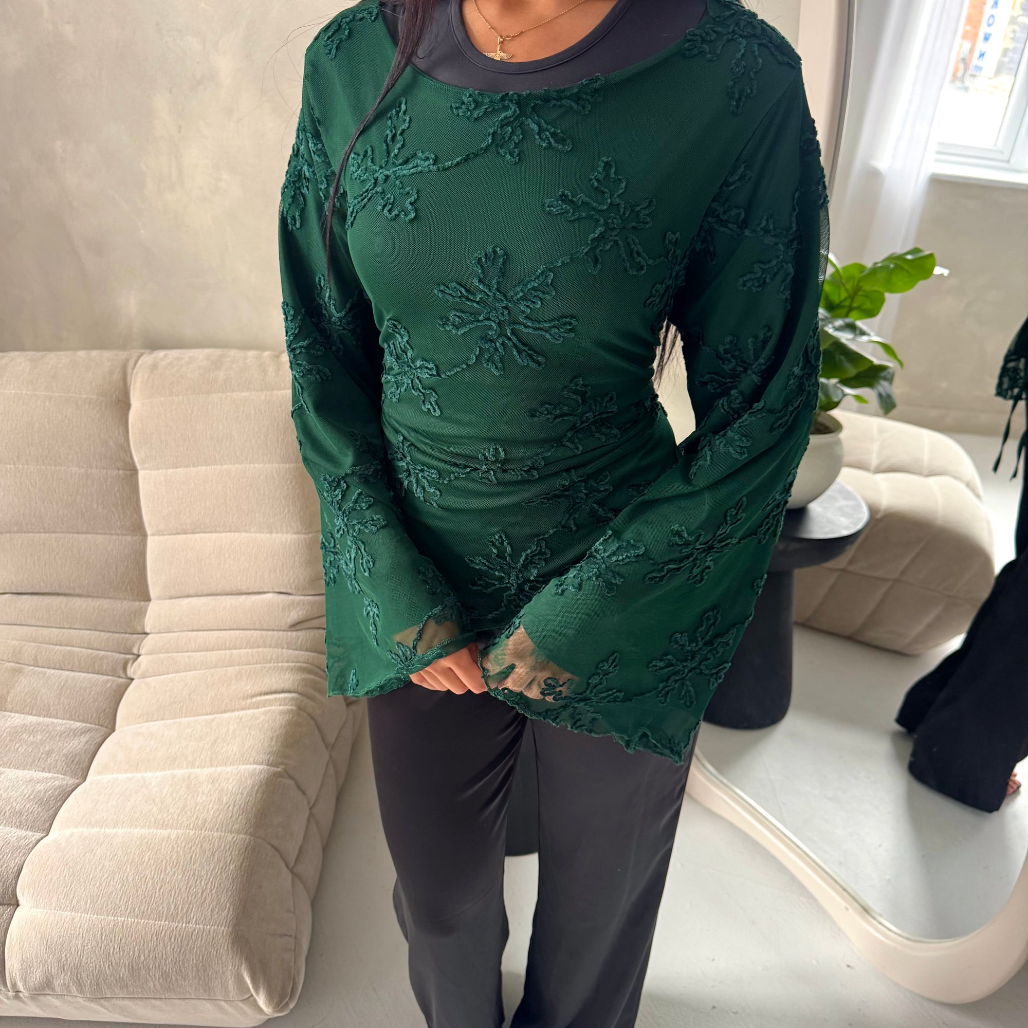 Aya Emerald Green Floral Mesh Asymmetrical Lined Top