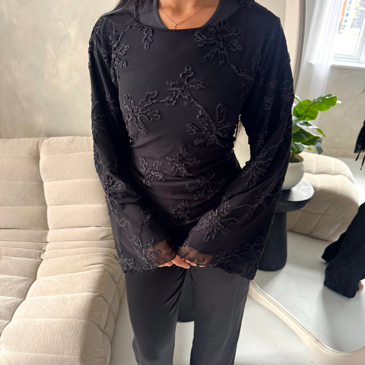 Aya Black Floral Mesh Asymmetrical Lined Top