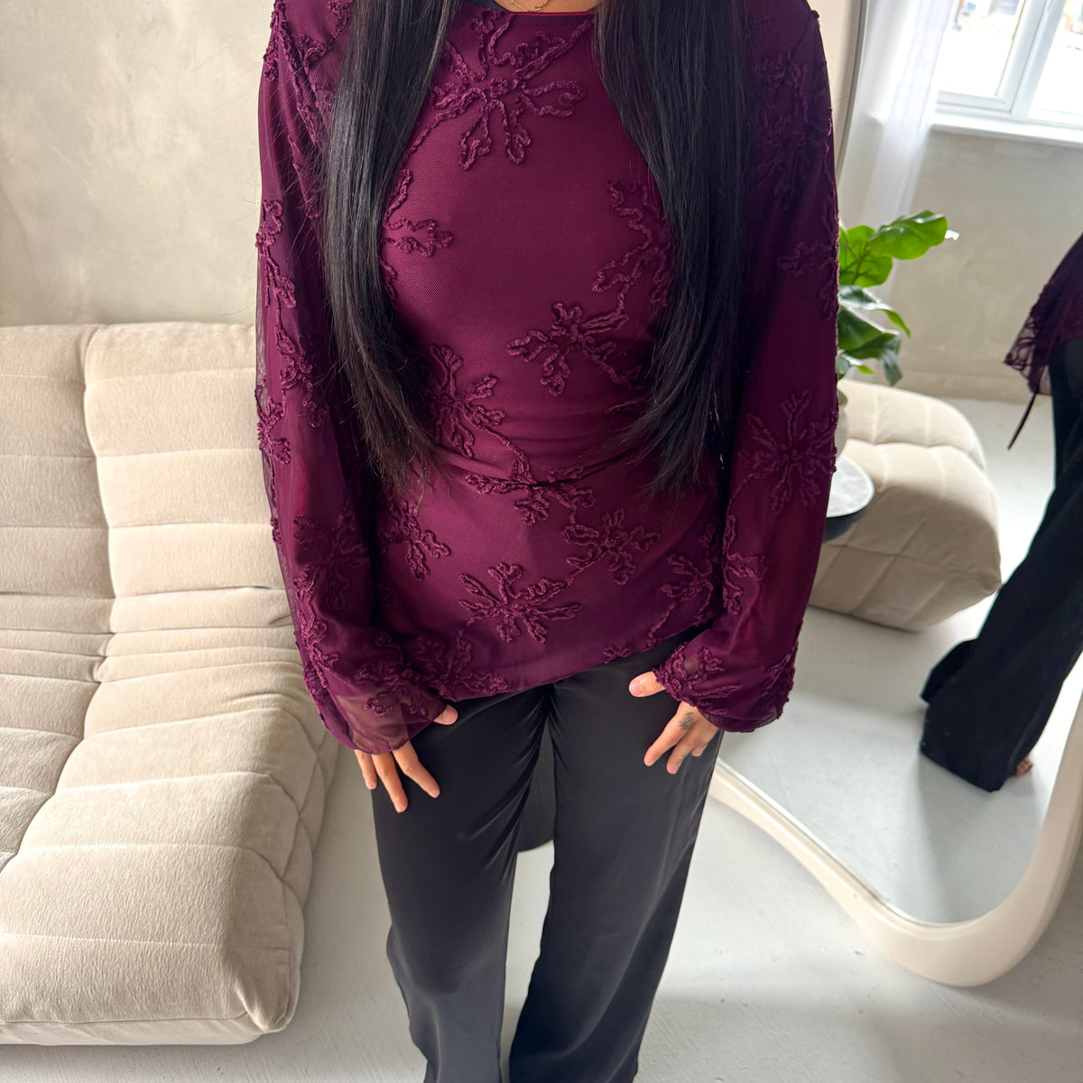 Aya Plum Floral Mesh Asymmetrical Lined Top