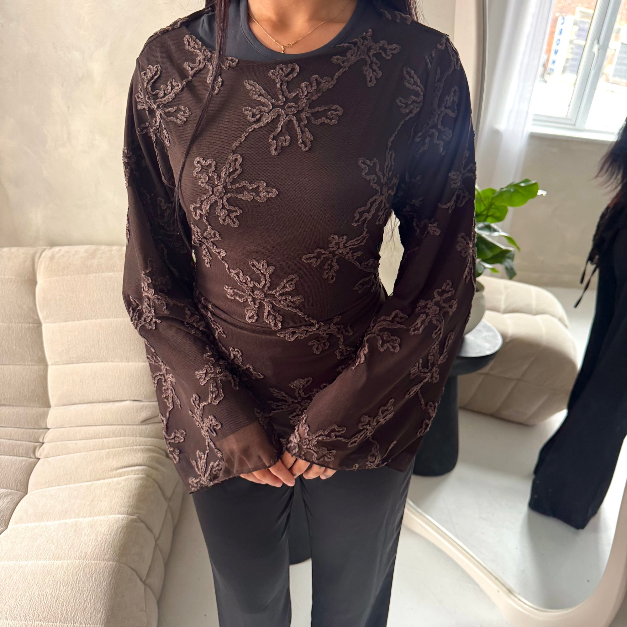 Aya Brown Floral Mesh Asymmetrical Lined Top