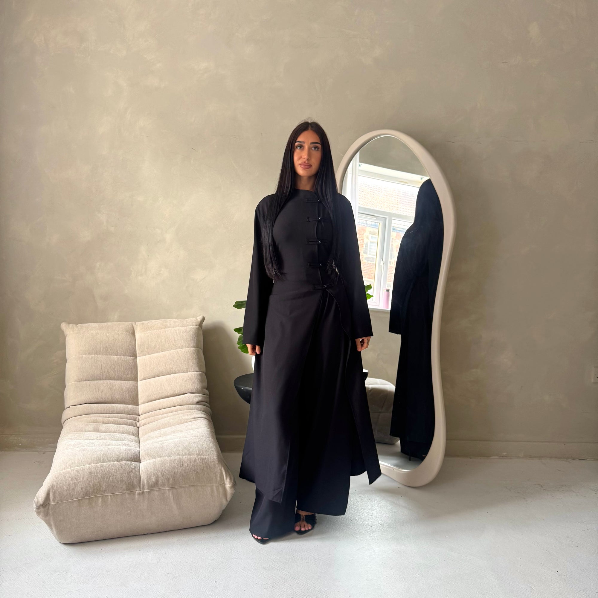 Essa Black Mandarin Collar Long Dress Trouser Co Ord Set