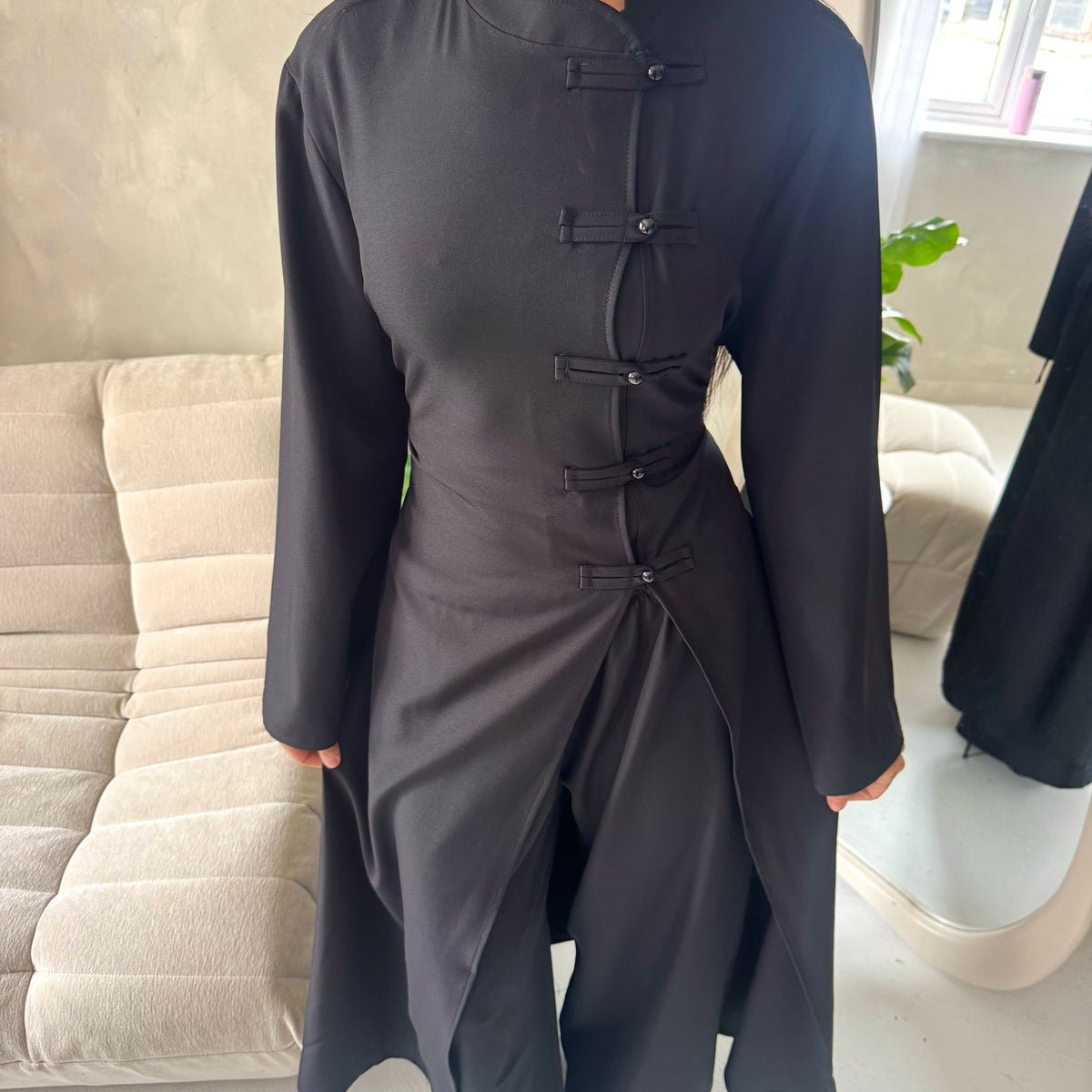 Essa Black Mandarin Collar Long Dress Trouser Co Ord Set
