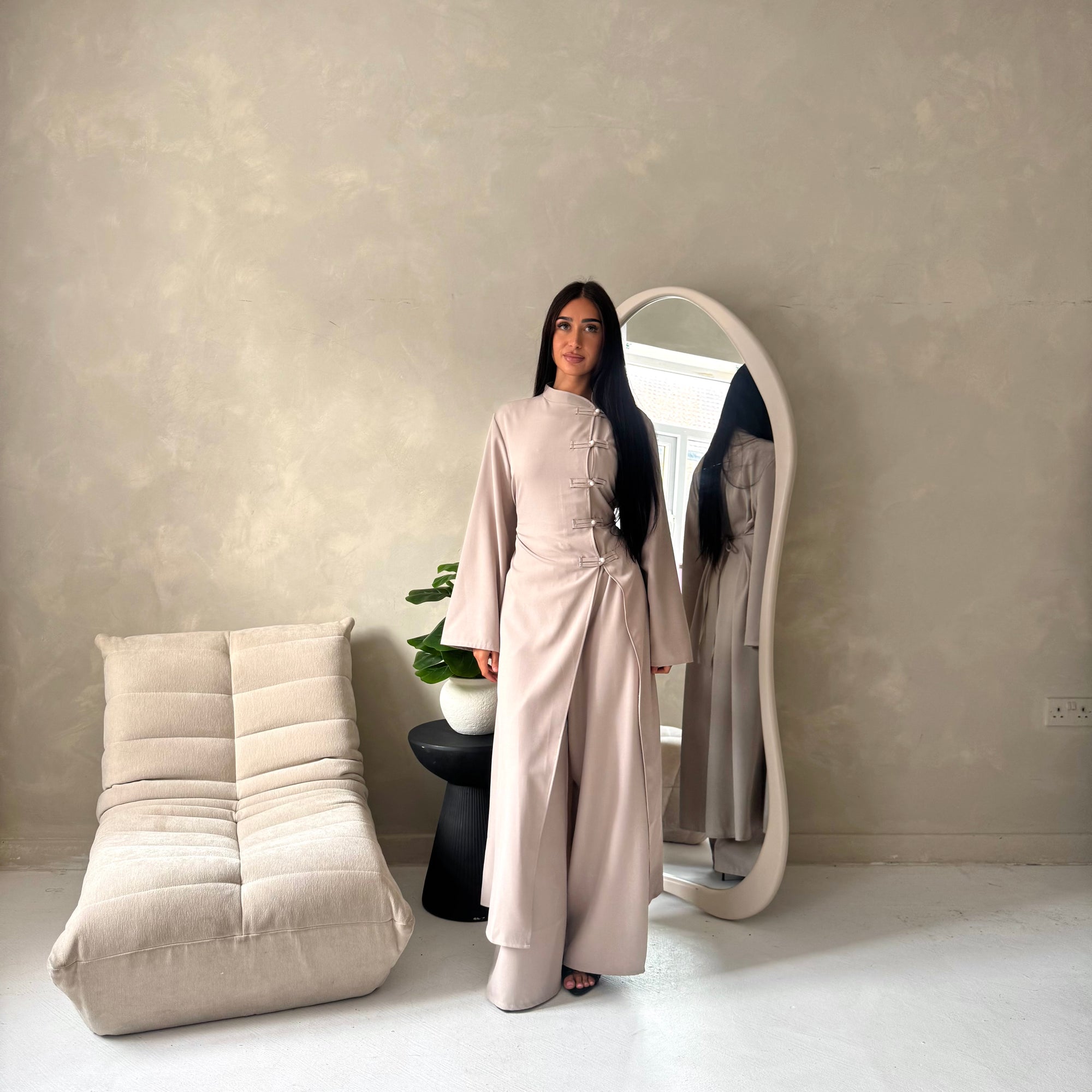 Essa Mocha Mandarin Collar Long Dress Trouser Co Ord Set