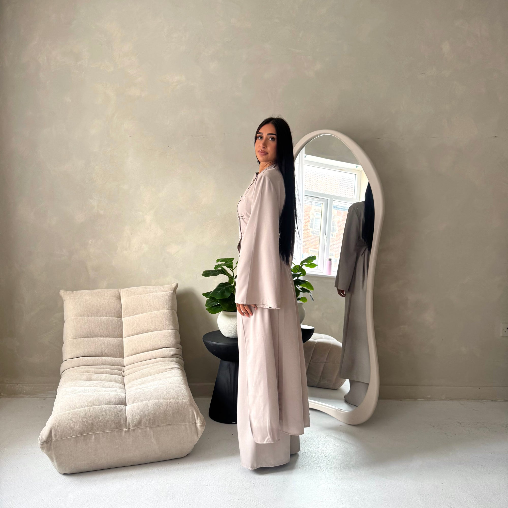 Essa Mocha Mandarin Collar Long Dress Trouser Co Ord Set