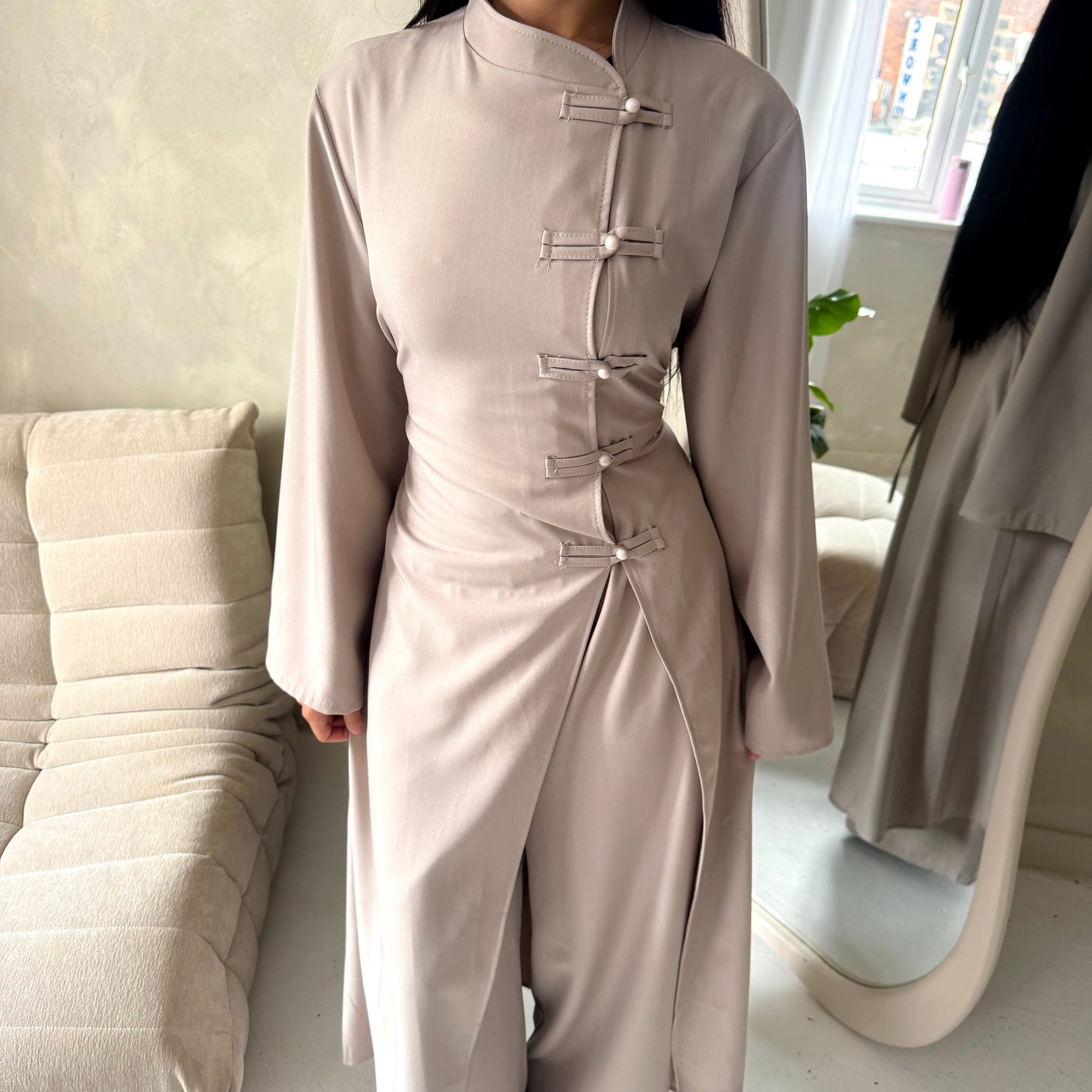 Essa Mocha Mandarin Collar Long Dress Trouser Co Ord Set
