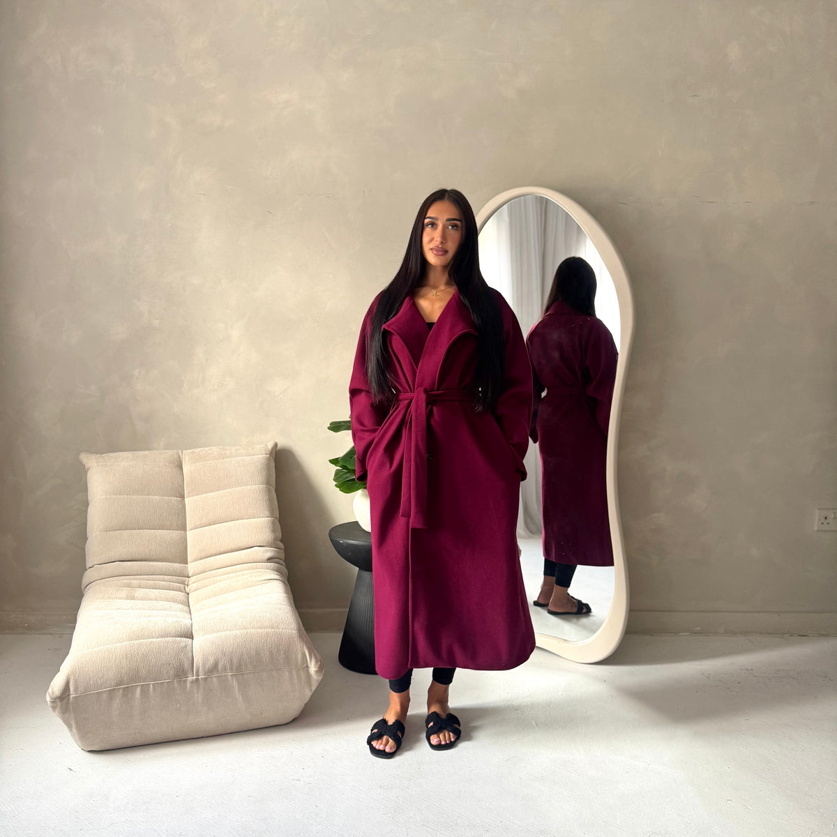 Danya Wine High Neck Belted Double Breasted Coat