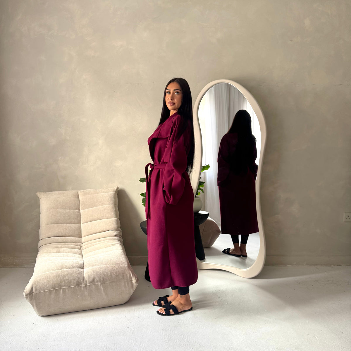 Danya Wine High Neck Belted Double Breasted Coat
