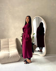 Danya Wine High Neck Belted Double Breasted Coat