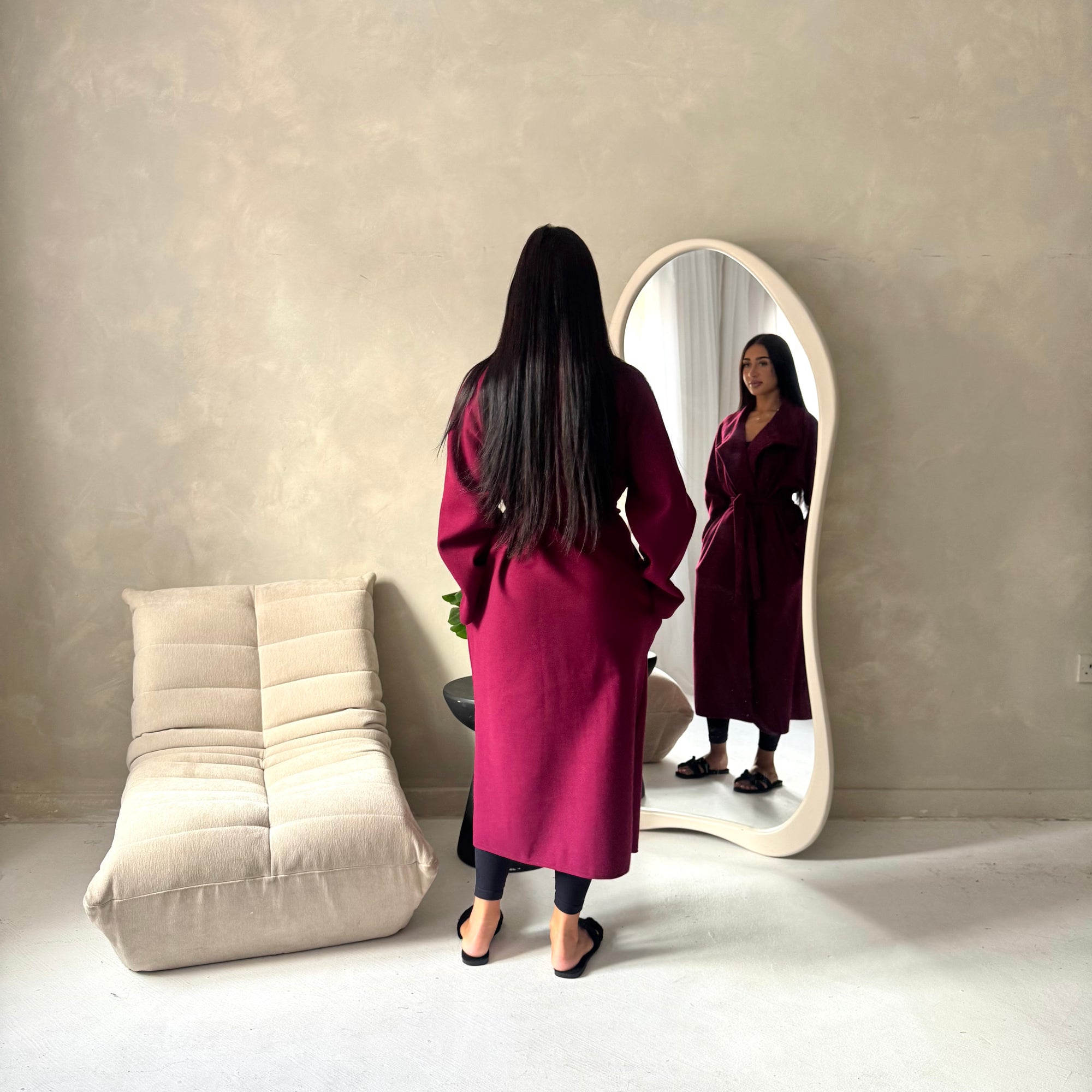 Danya Wine High Neck Belted Double Breasted Coat