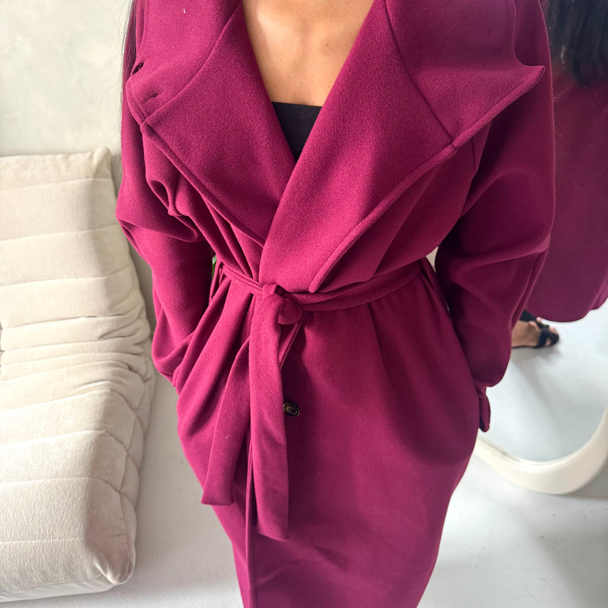 Danya Wine High Neck Belted Double Breasted Coat