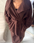 Danya Brown High Neck Belted Double Breasted Coat